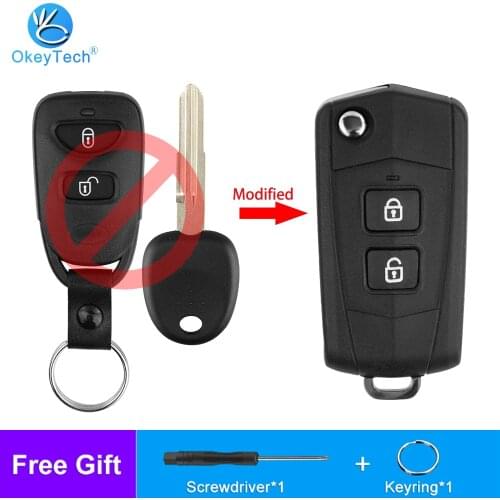 OkeyTech 2 Buttons Replacement Modified Flip Folding Remote Car Key Shell Case For Hyundai Santa Fe 2006-2010 Uncut Blank Blade