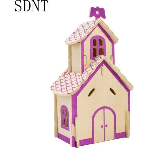 Purple House 3D Puzzle Wooden Toys for Kids Graffiti Painted Games Educational Toys diy Wood Puzzle Building Model Gift
