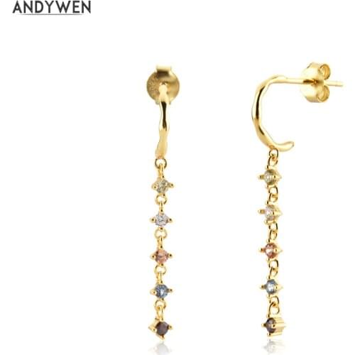 ANDYWEN 925 Sterling Silver Long Chain Drop Earring Sage Chain Pendienete Fine Jewelry Rainbow CZ Crystal Rock Punk Clips