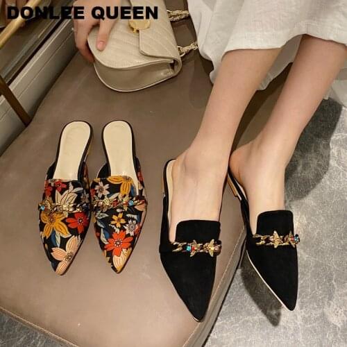 New Women Slippers Pointed Toe Rubber Metal Chains Flat Outsole Slides Footwear Fashion Casual Lady Mules Shoes Zapatos De Mujer