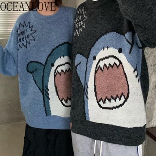 OCEANLOVE Men Women Pullovers Thick Warm Harajuku Cartooon Cute Kawaii Pull Femme Japan Style Loose Retro Sweaters Woman 19029