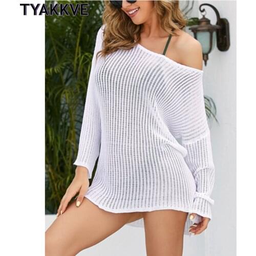 TYAKKVE Sexy Cover Up Boho Swimsuit Swimwear Women White Beach Tunic Long Sleeve Beach Cover Up 2021 Knitted Beachwear Summer