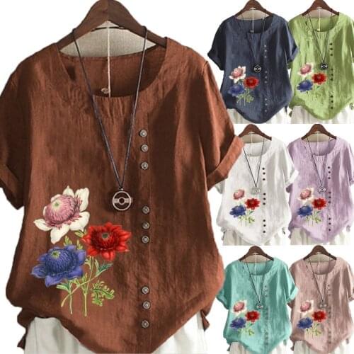 Womens Fashion Linen Shirt Flowers Printed T-shirt Summer Short Sleeve Tops O-neck Loose Blouse S-5XL
