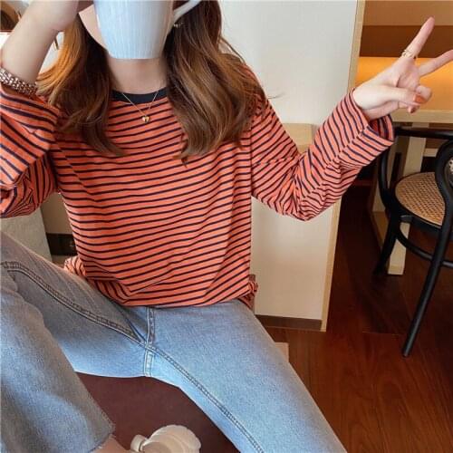 Spring Autumn Striped T shirt Women Koean Fashion Long Sleeve O-neck Pullover Shirt Female Cotton Soft Tee Tops 2021 Harajuku