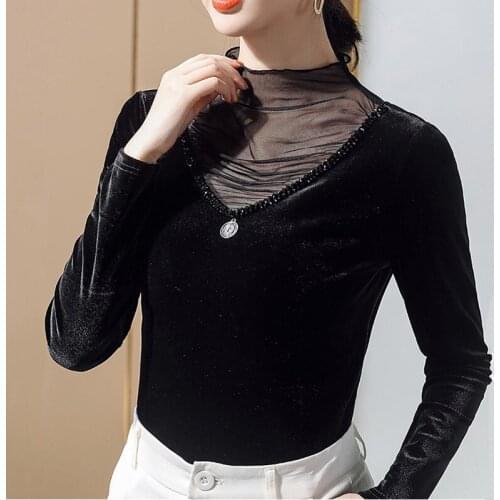 Pleuche Womans T-Shirt New 2021 Spring Turtlneck Long Sleeve Black Tops Sexy Mesh Shirt Plus Size 4XL Female tshirt