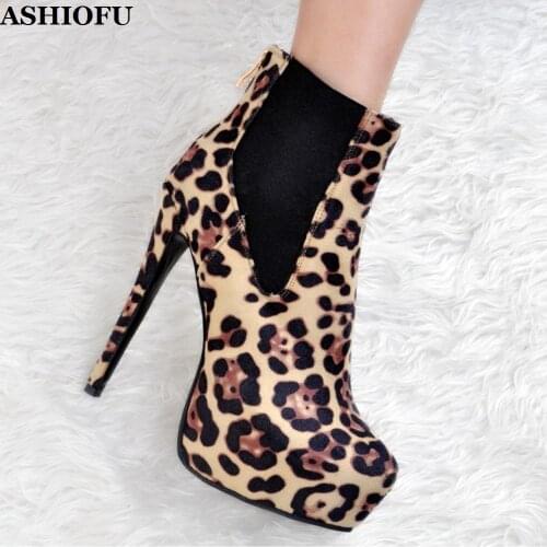 ASHIOFU Handmade New Womens High Heel Boots Leopard Party Prom Platform Ankle Boots Evening Club Fashion Short Boots XD022-1