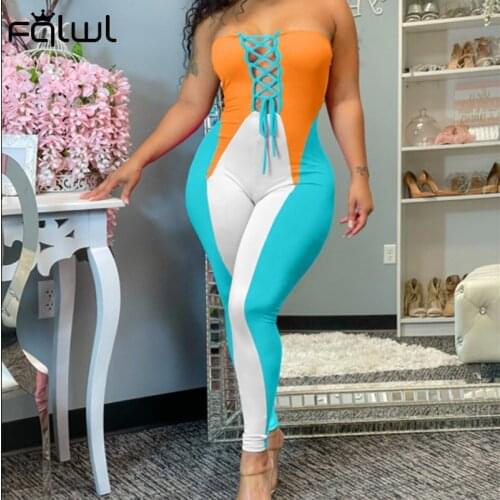 FQLWL Summer Streetwear Patchwork Jumpsuit Women Skinny Bandage Sleeveless One Piece Outfit Women Bodycon Wrap Chest Sets Female