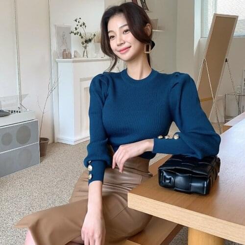 Womens Puff Sleeve Slim Sweater Female O Neck Long Sleeve Bottoming Knitting T Shirt Feme Spring Autumn Pullover Jumper