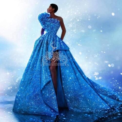 Gorgeous Blue Sequins High Slit Prom Dresses Luxury Pearls Beaded A-Line Long Saudi Arabic Prom Gown Backless Vestidos Longo