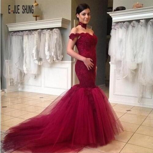 E JUE SHUNG Vestido De Novia Burgundy Mermaid Tulle Wedding Gowns Off Shoulder Backless With Appliques Bride Wedding Dresses