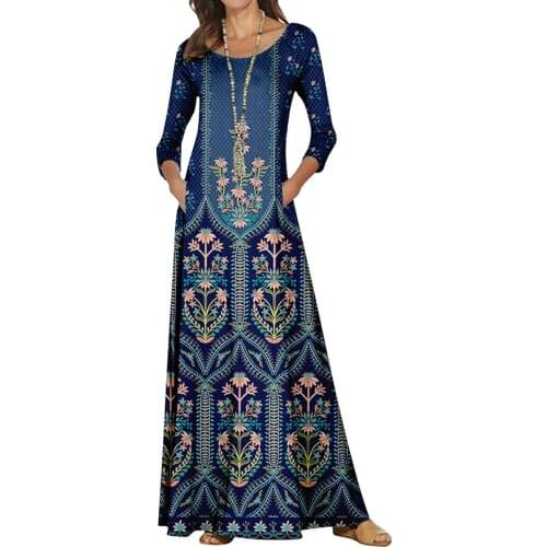 Round Neck Ethnic Style long-sleeved Maxi dresses for women flower 3D print Spring Autumn Casual Women Large size Vintage dress