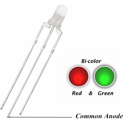 100PCS 3MM Red And Green LED Common Anode Diffused 20mA Round Head Bicolor 3PIN LED Lamp DIP Light Beads