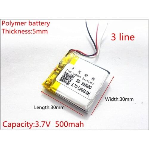 3 line Polymer battery 503030 3.7v 500mah 453030 smart home MP3 speakers Li-ion battery for dvr,GPS,mp3,mp4,cell phone,speaker
