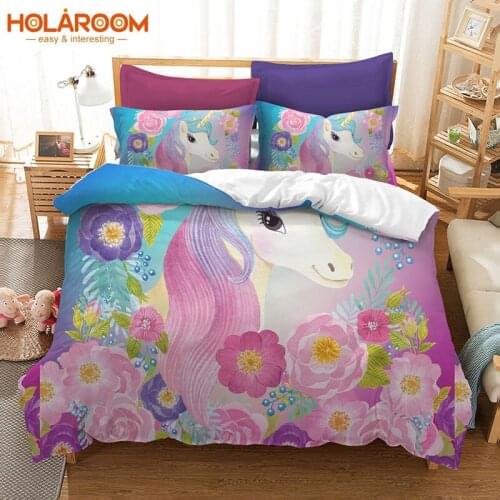 3d printing Duvet Cover Sets Cartoon Unicorn Flower Duvet Cover with Pillowcase Polyester fabric Girls Bedroom Bedding Set