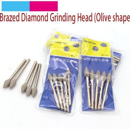 5pcs 3mm Shank Olive Shape Brazed Diamond Grinding Head Burrs Carving Peeling Bits T For Jade Stone Glass Metal Ceramic Mill