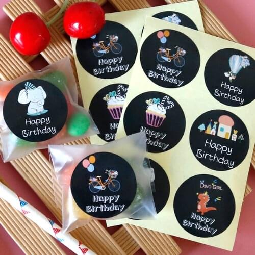 60pcs Happy Birthday Gift Sticker Cute Elephant Dinosaur Bicycle Round Black Seal Stickers Party Candy Cookie Bag Sealing Labels