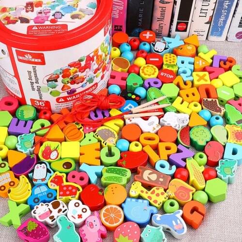 Wooden Beaded Toys Animal Fruit Block Beaded Toy Childrens Early Childhood Education Toys Training Fine Fand Movements