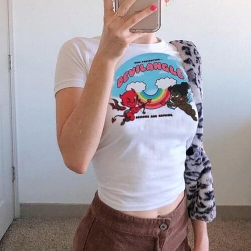 Gothic Demon Print T-Shirts Summer Punk Style O Neck Short Sleeve Crop Tops Streetwear Skinny Basic White Tee