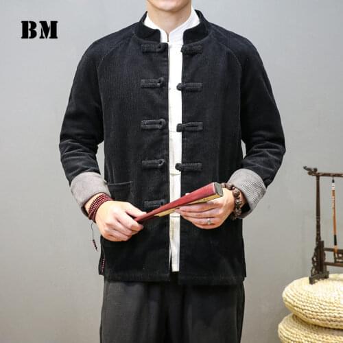 Chinese Style Vintage Corduroy Jacket Men Clothing Spring Autumn Harajuku Button Coat Plus Size Loose Tops Male
