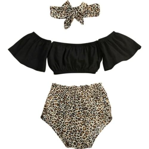 Infant Baby Girl Clothes Solid Off-Shoulder Tops Vest +Leopard Shorts +HeadbandSummer 3PCS Outfits Set