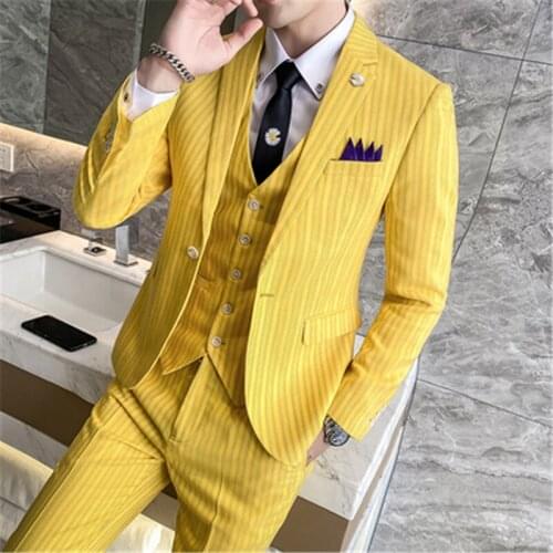 Suit Men Vest With Pants Classic Striped Slim Fit 3 Pieces Men Suits for Wedding Tuxedo Costume Homme 3XL Pink Yellow 2020