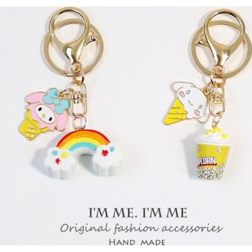 Creative Cute Bow Bunny Keychain Popcorn Rainbow Ice Cream Doll Pendant Car Home Key Ring Lady Girl Bag Accessories