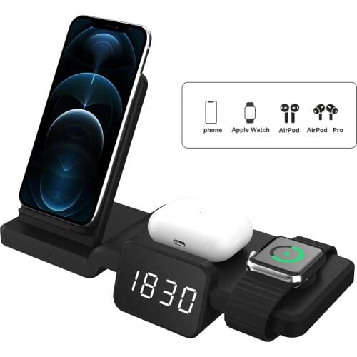 15W Fast Qi Wireless Charger Stand Charging Dock Station 12 XS X 3 in 1 with Clock for Iphone for Apple Watch 6 Airpods Pro USB