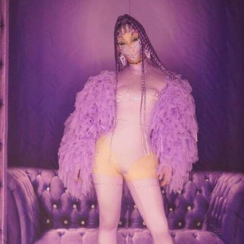 Fashion Club Prom Dancer Leotard Stage Performance Costume Purple Rhinestone Jumpsuit Women Mesh Sleeve Crystal Party Outfit