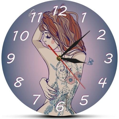 Young Beautiful Woman With Tattoo Wall Clock Sexy Perfect Body Tattoos Tatted Back Silent Quartz Wall Clock Tattoo Studio Sign