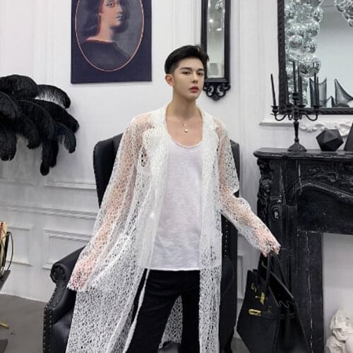 Men summer hollow out lace sexy long shirt nightclub hip hop punk stage costume women vintage mesh see-through blouse cloak