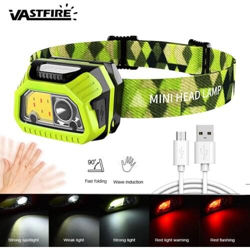 Mini Sense Headlamp XPE-LED+COB Red &white LED USB Rechargeable Cycling Headlight Head Torch Camping Flashlight Built-in Battery