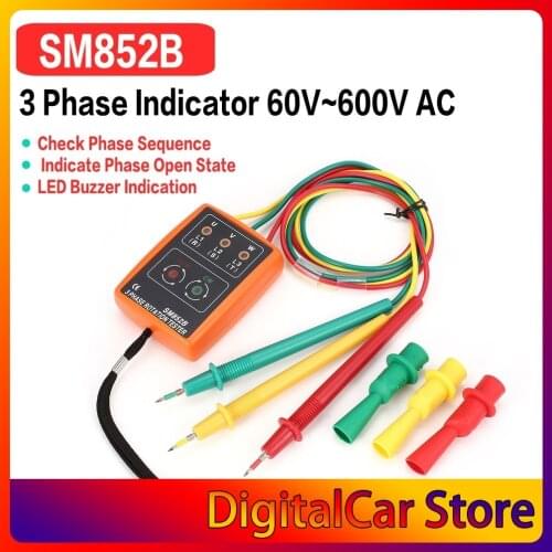 New SM852B 3 Phase Rotation Tester Digital Phase Indicator Detector LED Buzzer Phase Sequence Meter Voltage Tester 60V~600V AC