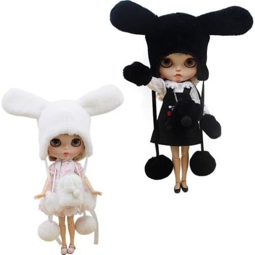 Fortune Days 1/6 bjd Plush rabbit hat and bag with gloves white black 30cm doll toy