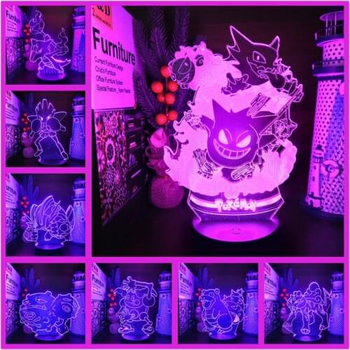 Pokemon 3D Illusion Nightlights Anime Lamp Gengar Haunter Eevee Pikachu Charizard Typhlosion Visual Lighting Lampara Led