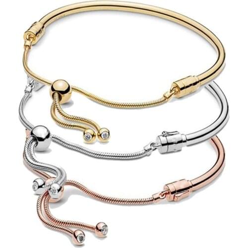 Rose Gold & Silver Moments Sliding Clasp Adjust 925 Sterling Silver Bangle Fit Fine Original PanBracelet Bead Charm Diy Jewelry