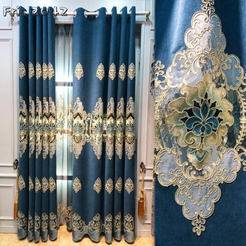 European Style Luxury Villa Blue Chenille Embroidered Curtain Finished Custom Curtains for Living Dining Room Bedroom