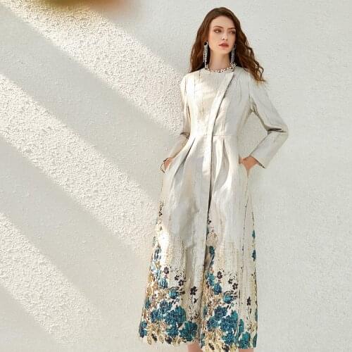 Spring Autumn Woman Elegant Clothing , High Waisted Lurex Dobby Floral Trench Coat , 3xl Extra Windbreaker Coats for Woman