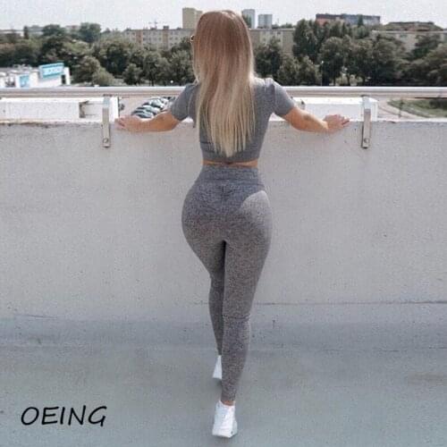 Short Sleeve Crop Top 2 Piece Set for Women Gym Clothes Workout Leggings Sport Wear