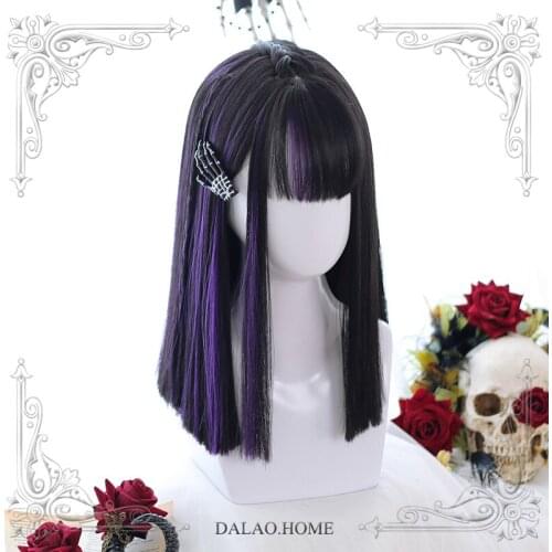 High Quality Harajuku Soft Girl Lolita Mid-Length Part Dyed Purple Straight Wig Masquerade Party