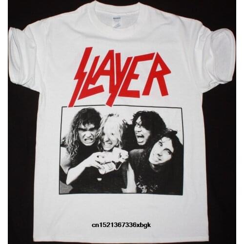 SLAYER BAND WHITE T SHIRT DAVE LOMBARDO JEFF HANNEMAN TOM ARAYA KERRY KING 2018 Latest Tops Tees Men 100% Cotton T-Shirt