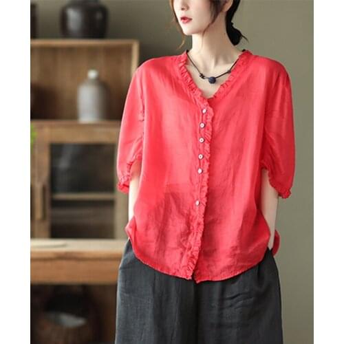 QPFJQD Ladies Short Sleeve Auricular Lace Blouse 2021 Summer Autumn Button Loose Casual Solid Color Women Ramie Shirts V-neck