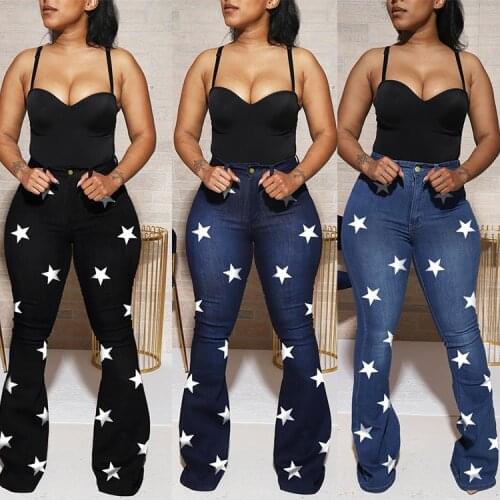 FNOCE 2020 winter new womens jeans pants fashion casual star print high waist tight slim stretch slim denim Flare Pants