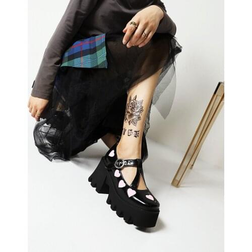 Gothic Rock Platform Shoes Square Toe Lace-Up Platform Color Matching Pumps Bow T-Shaped Buckle Polyurethane Womens Shoes