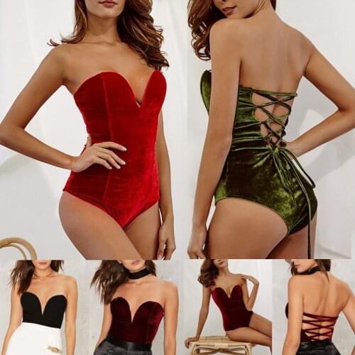 Women Velvet Corset Tops to Wear Out Sexy Bandeau Back Lace Up Corsets Plunge Neck Bodysuit Jumpsuit Overbust Bustier Slim Waist