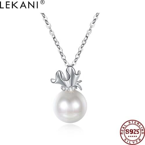 LEKANI 925 Sterling Silver Womens Pearl Pendant Necklace Luxury Zircon Fine Jewelry Exquisite Fashion Send Friends Engagement