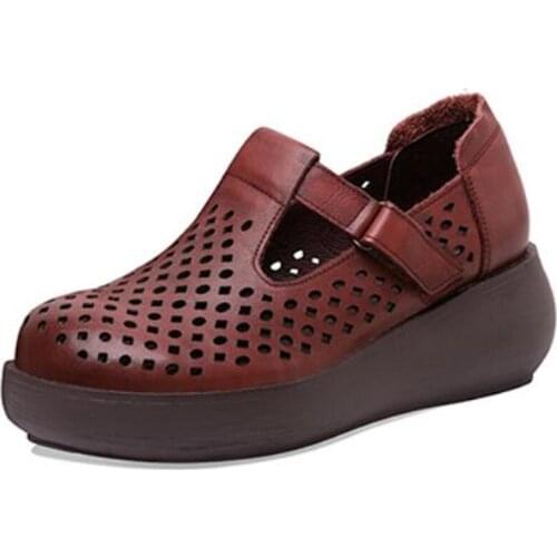 Promotion 2021 New Spring Summer Hollow Genuine Leather Shoes Platform Wedges Heighten Shoes Woman High Heel Shoes Casual Shoes