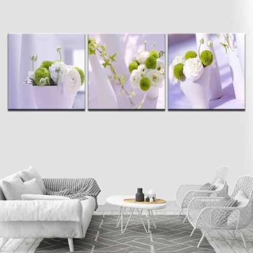 Free shipping White and green flowers modern Modular 3 panel wall Poster Nordic Canvas painting for Living Room Home Decor
