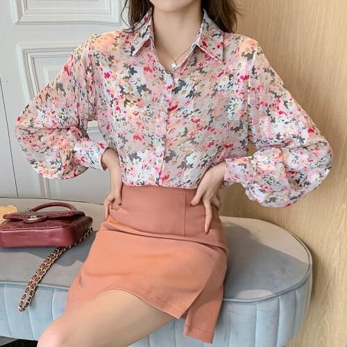 Spring Autumn Long Sleeve Print Shirts Temperament Korean Style Polo-Neck Blouses Elegant Floral Chiffon Blusas Tops MM0882