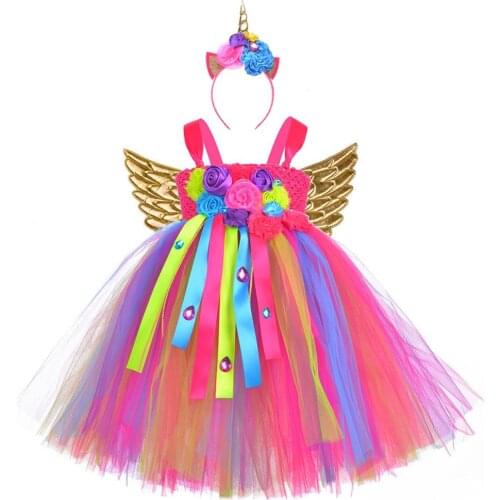 Girls Flower Unicorn Birthday Party Dress Kids Fancy Diamond Ribbon Tassel Clothing Baby Clothes Set Flower Girl Wedding Dresses