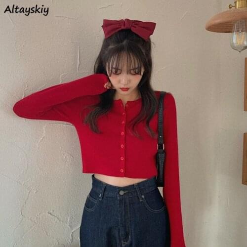 T-shirts Women Long Sleeve Simple Knitting All-match Solid Colors Single Breasted O-neck Kawaii Sweet Girl Crop Top Korean Style